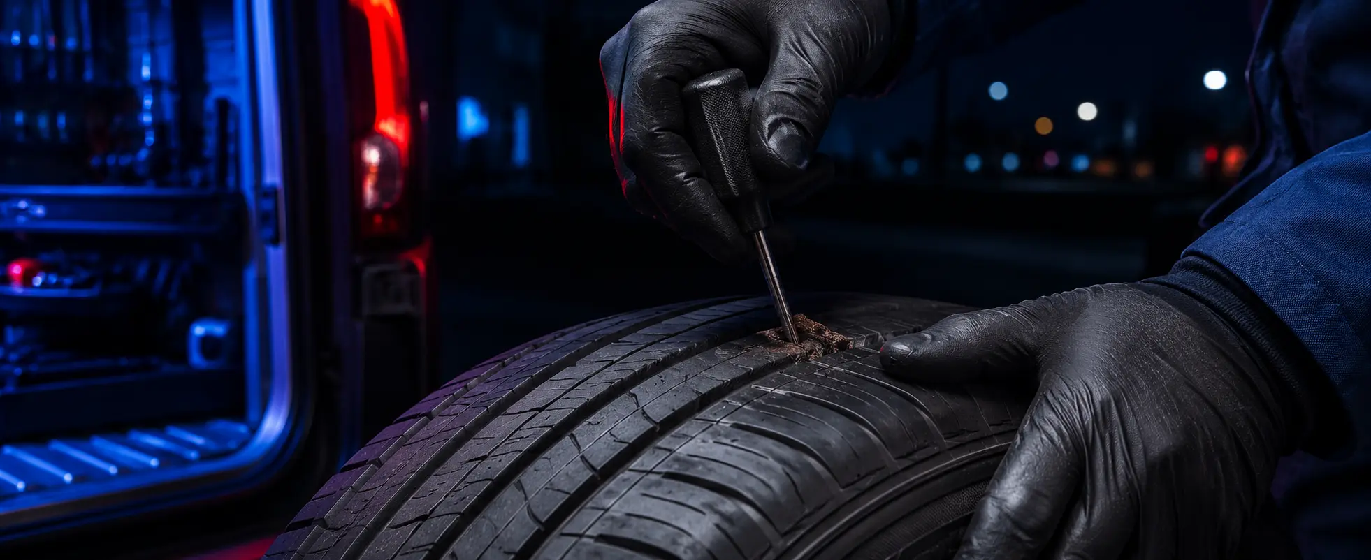 Mobile Tire Team technician repairing a flat tire on location