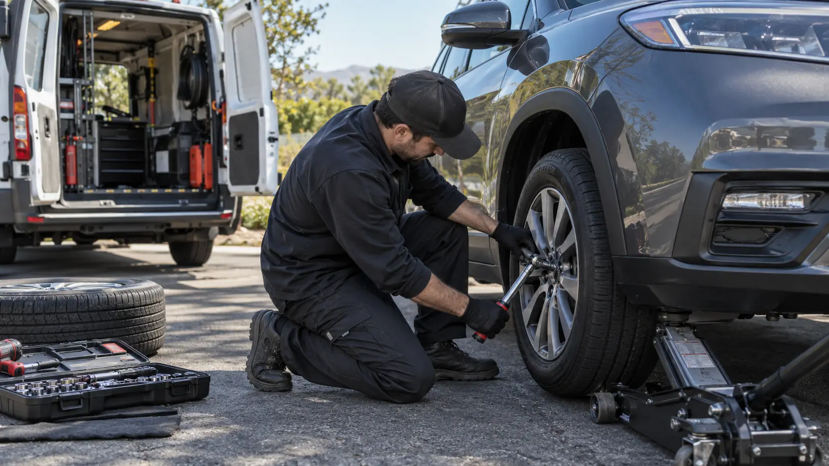 Mobile tire technician installing a wheel at a safe service location